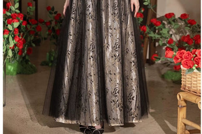 Short Sleeve Sweetheart Neck Patterned Print Beaded Trim Mesh Panel Velvet A-Line Evening Gown