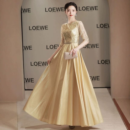 Elbow Sleeve Round Neck Sequin Panel Mesh A-Line Evening Gown