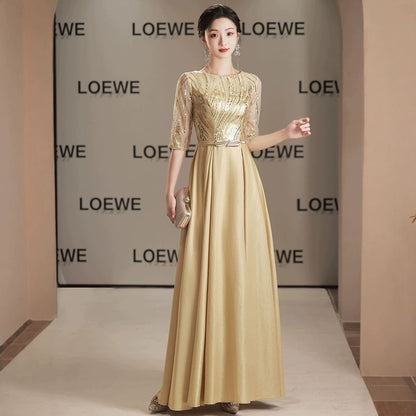 Elbow Sleeve Round Neck Sequin Panel Mesh A-Line Evening Gown