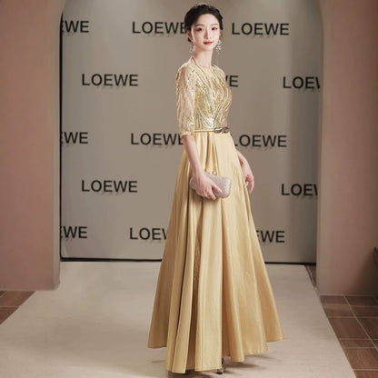 Elbow Sleeve Round Neck Sequin Panel Mesh A-Line Evening Gown