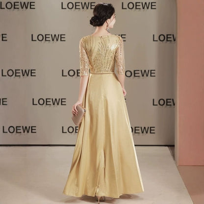 Elbow Sleeve Round Neck Sequin Panel Mesh A-Line Evening Gown