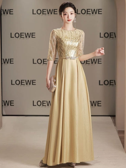 Elbow Sleeve Round Neck Sequin Panel Mesh A-Line Evening Gown