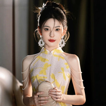 Sleeveless Mandarin Collar Dragonfly Print Faux Pearl Strand A-Line Evening Gown