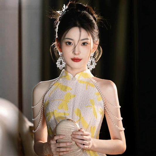 Sleeveless Mandarin Collar Dragonfly Print Faux Pearl Strand A-Line Evening Gown