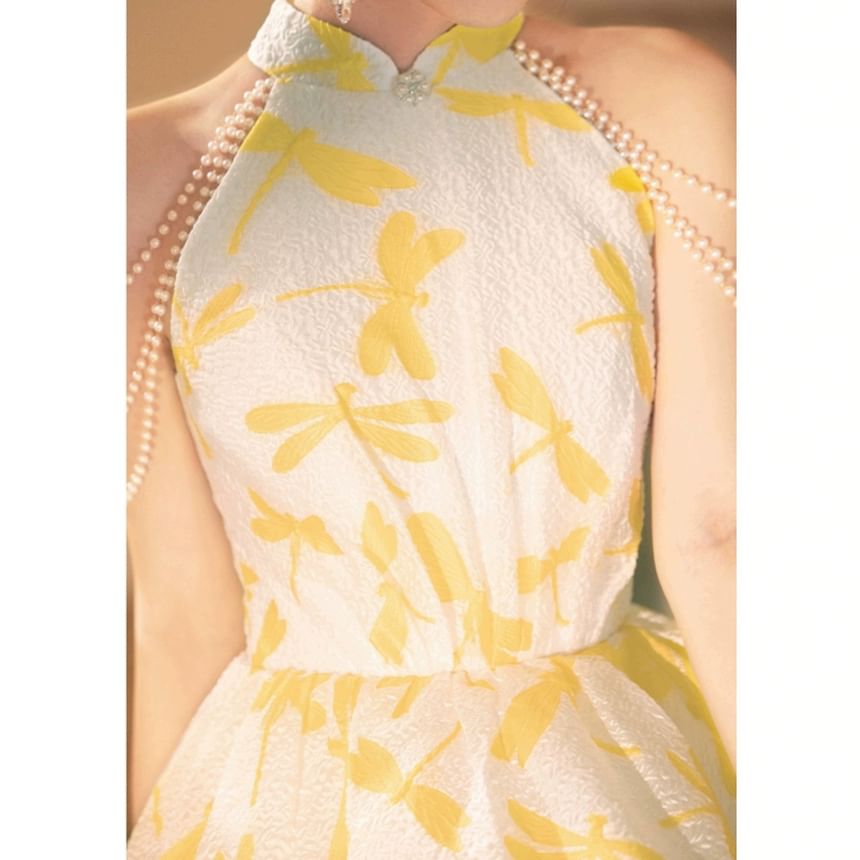 Sleeveless Mandarin Collar Dragonfly Print Faux Pearl Strand A-Line Evening Gown