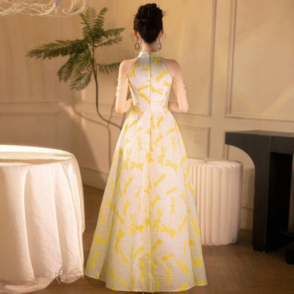 Sleeveless Mandarin Collar Dragonfly Print Faux Pearl Strand A-Line Evening Gown