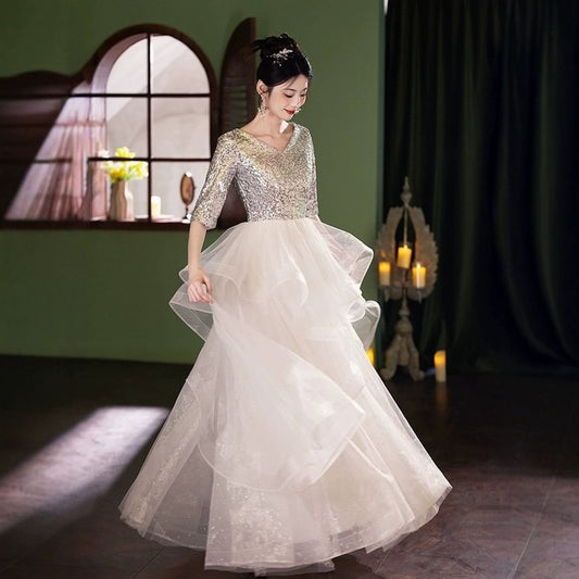 Elbow Sleeve V-Neck Sequin Ruffle Mesh A-Line Evening Gown