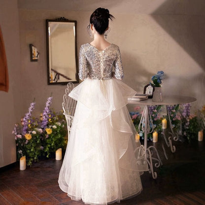 Elbow Sleeve V-Neck Sequin Ruffle Mesh A-Line Evening Gown
