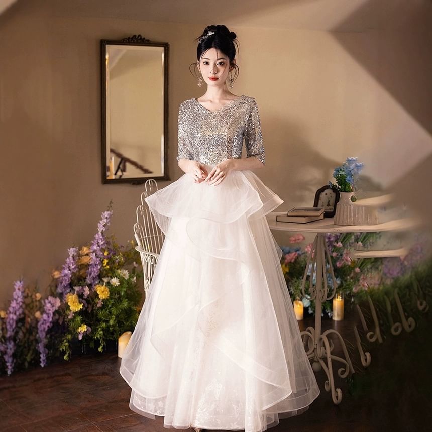 Elbow Sleeve V-Neck Sequin Ruffle Mesh A-Line Evening Gown