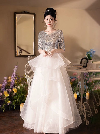 Elbow Sleeve V-Neck Sequin Ruffle Mesh A-Line Evening Gown