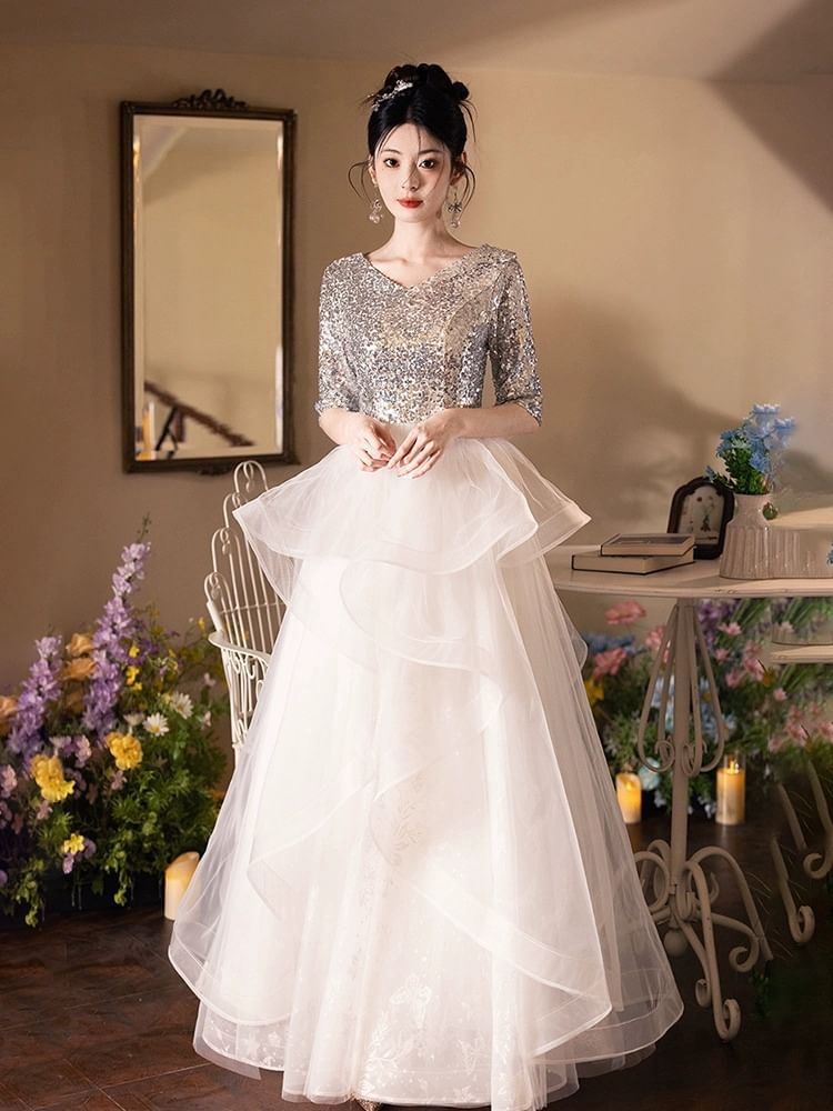 Elbow Sleeve V-Neck Sequin Ruffle Mesh A-Line Evening Gown