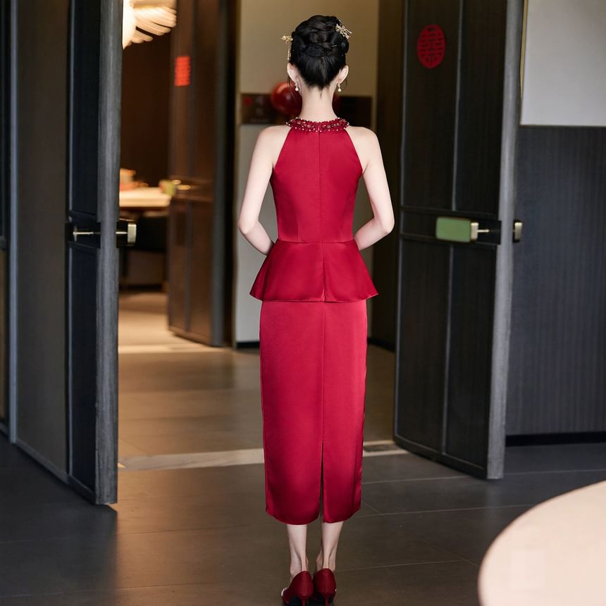 Sleeveless Crew Neck Plain Rhinestone Peplum Satin Midi Sheath Cocktail Dress