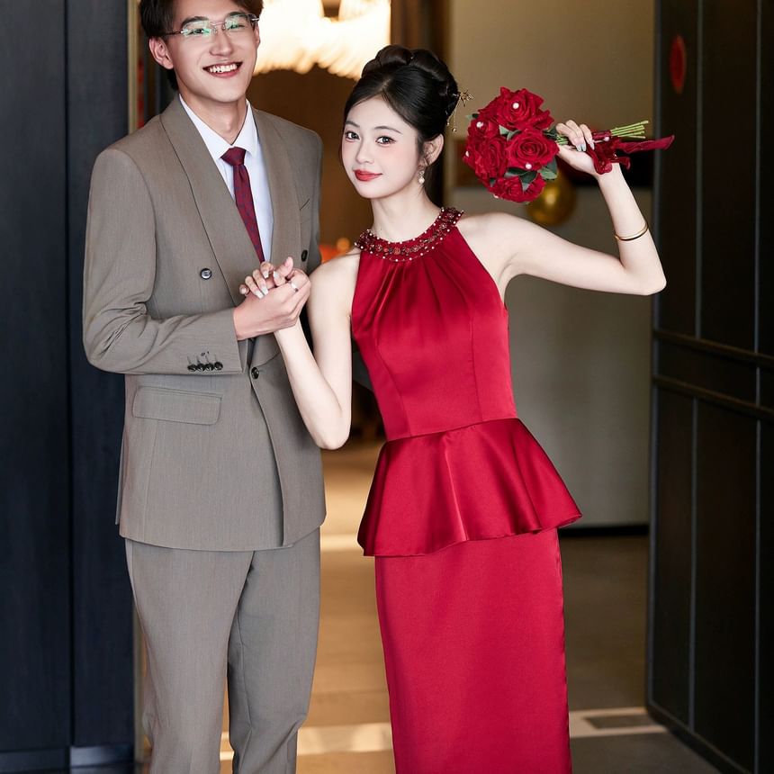 Sleeveless Crew Neck Plain Rhinestone Peplum Satin Midi Sheath Cocktail Dress