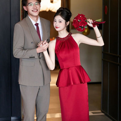 Sleeveless Crew Neck Plain Rhinestone Peplum Satin Midi Sheath Cocktail Dress