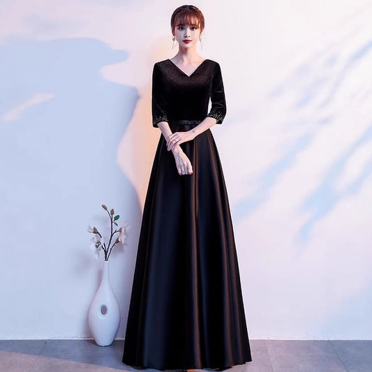 Elbow Sleeve V-Neck Plain Velvet Panel Satin A-Line Evening Gown