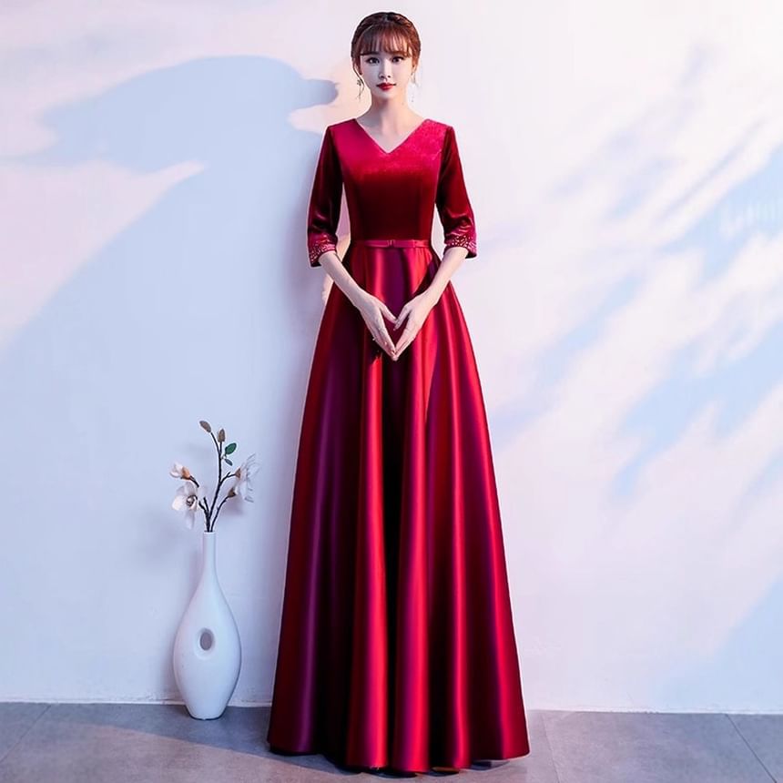 Elbow Sleeve V-Neck Plain Velvet Panel Satin A-Line Evening Gown