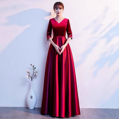 Elbow Sleeve V-Neck Plain Velvet Panel Satin A-Line Evening Gown