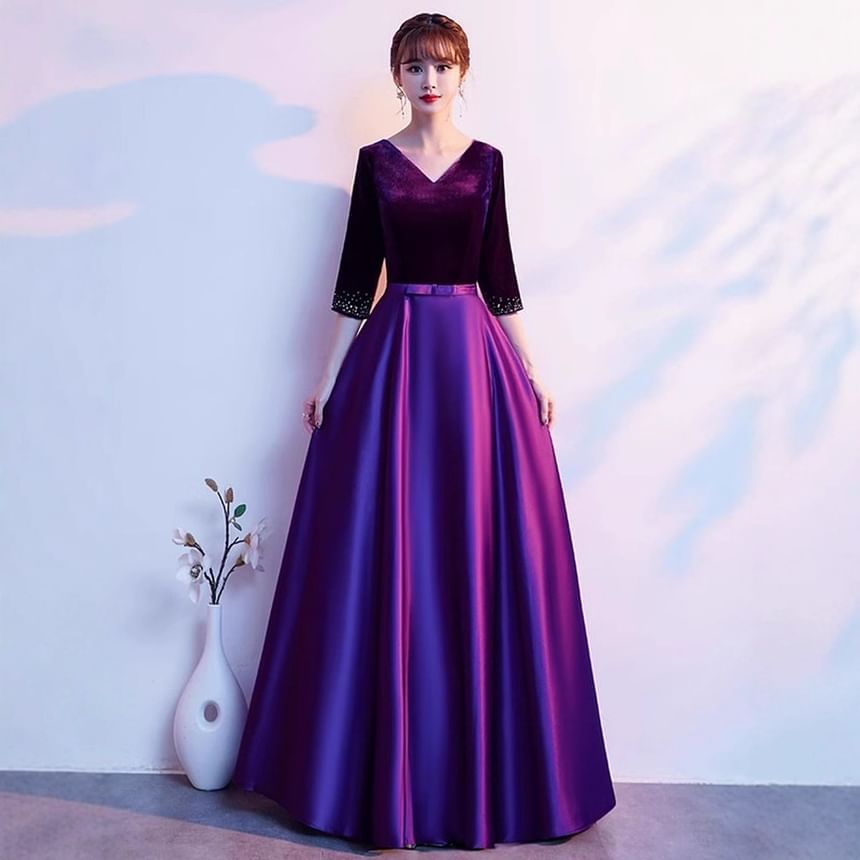 Elbow Sleeve V-Neck Plain Velvet Panel Satin A-Line Evening Gown