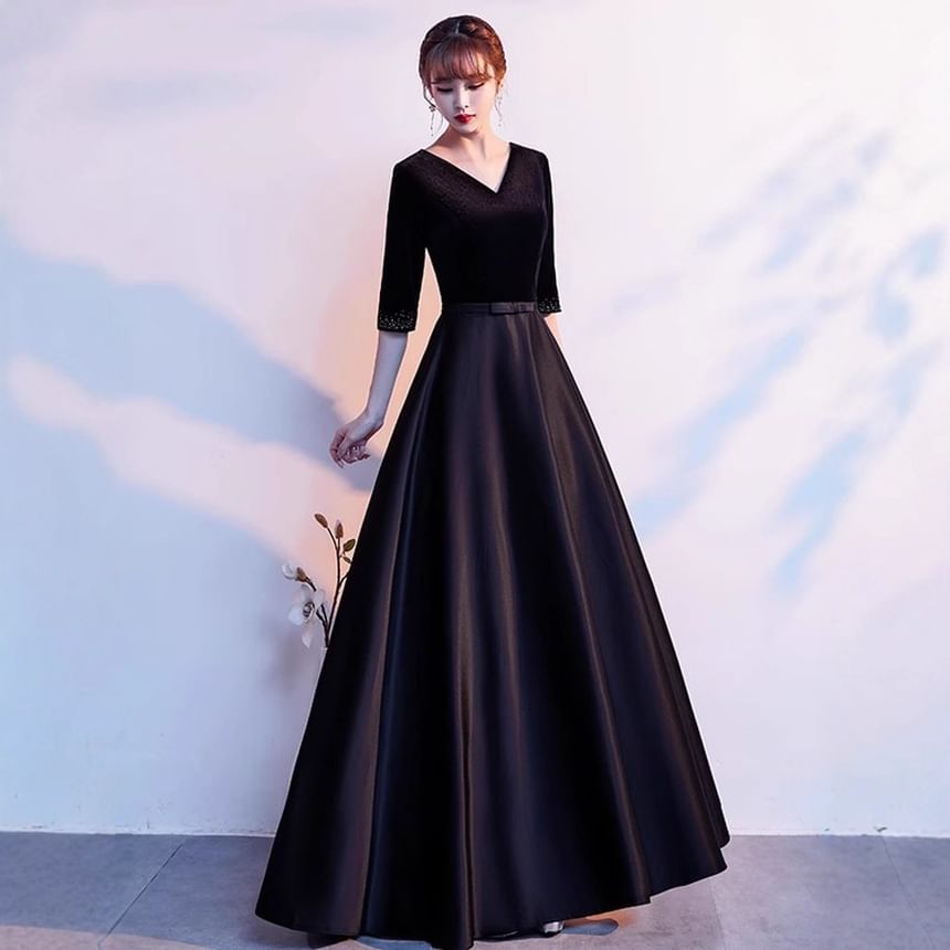 Elbow Sleeve V-Neck Plain Velvet Panel Satin A-Line Evening Gown