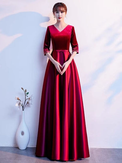 Elbow Sleeve V-Neck Plain Velvet Panel Satin A-Line Evening Gown