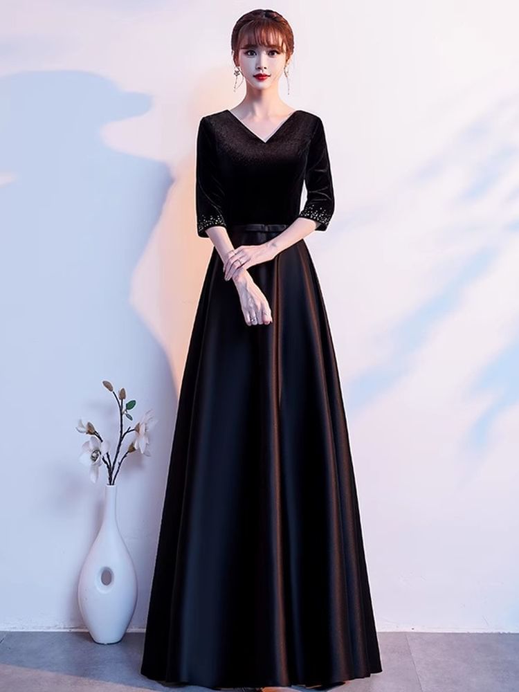Elbow Sleeve V-Neck Plain Velvet Panel Satin A-Line Evening Gown