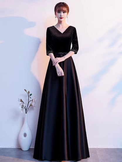 Elbow Sleeve V-Neck Plain Velvet Panel Satin A-Line Evening Gown