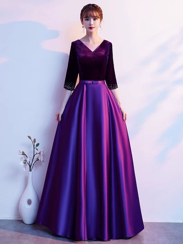 Elbow Sleeve V-Neck Plain Velvet Panel Satin A-Line Evening Gown