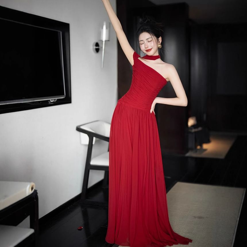 Halter Plain Ruched A-Line Evening Gown