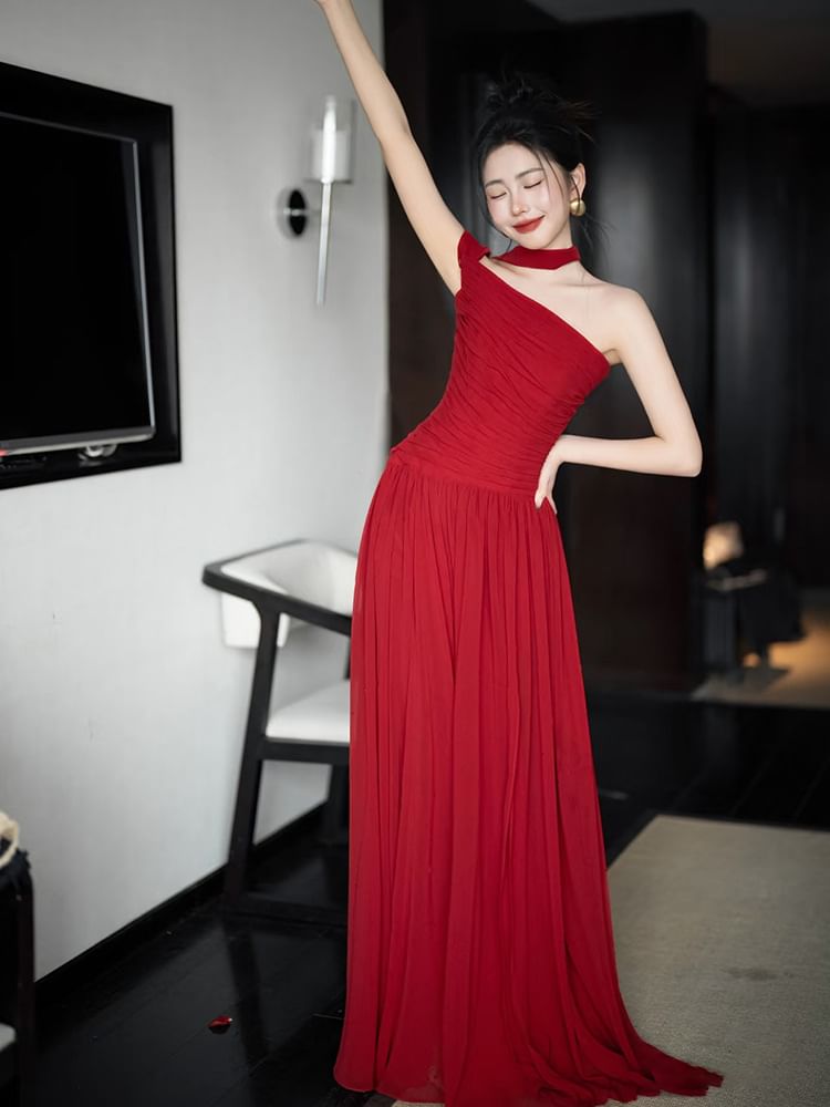 Halter Plain Ruched A-Line Evening Gown