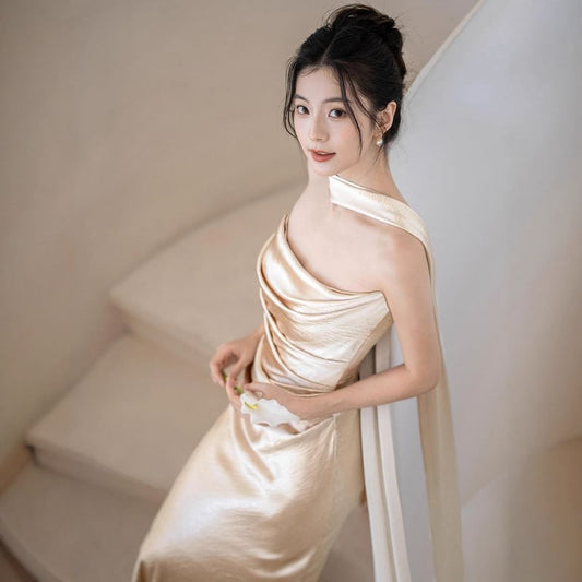 Plain Ruched Satin Sheath Tube Evening Gown