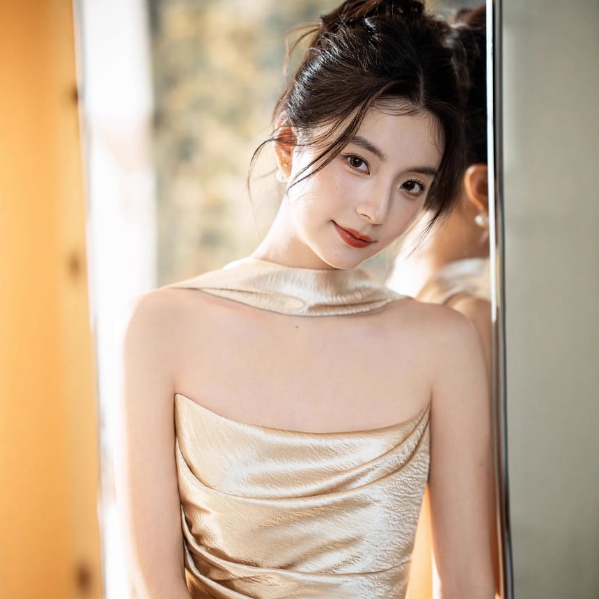 Plain Ruched Satin Sheath Tube Evening Gown