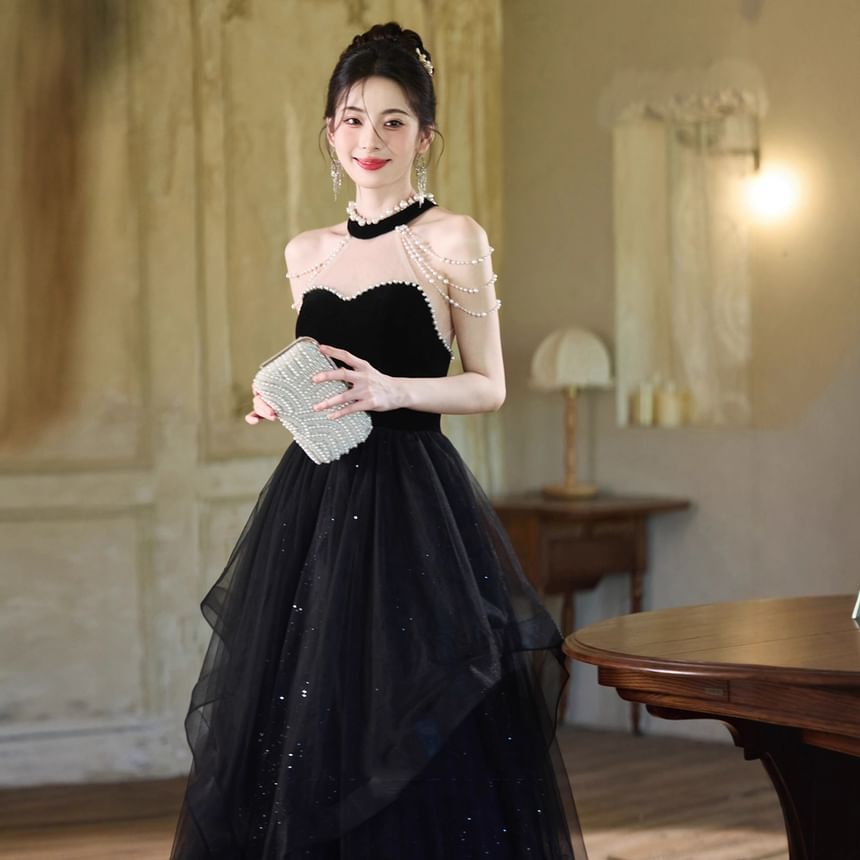 Sleeveless Mock Neck Glitter Faux Pearl Strand Beaded Ruffle Panel Mesh A-Line Evening Gown