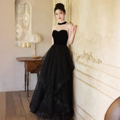 Sleeveless Mock Neck Glitter Faux Pearl Strand Beaded Ruffle Panel Mesh A-Line Evening Gown