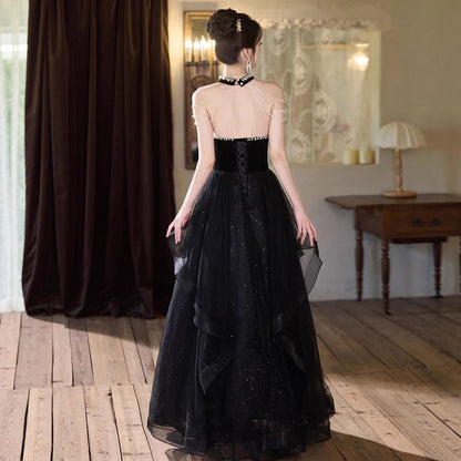 Sleeveless Mock Neck Glitter Faux Pearl Strand Beaded Ruffle Panel Mesh A-Line Evening Gown