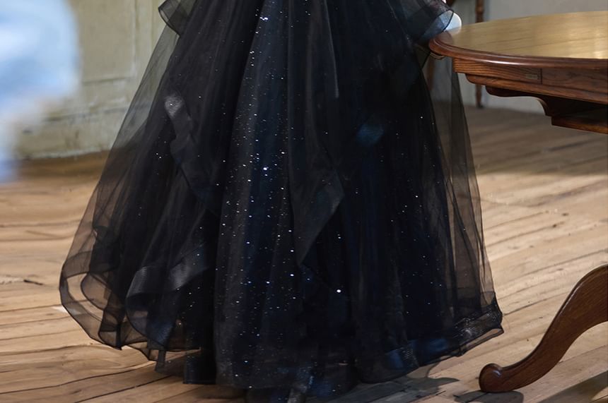 Sleeveless Mock Neck Glitter Faux Pearl Strand Beaded Ruffle Panel Mesh A-Line Evening Gown