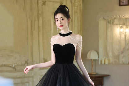 Sleeveless Mock Neck Glitter Faux Pearl Strand Beaded Ruffle Panel Mesh A-Line Evening Gown