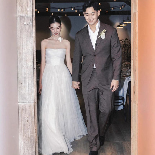 Plain Gathered Mesh A-Line Tube Wedding Gown