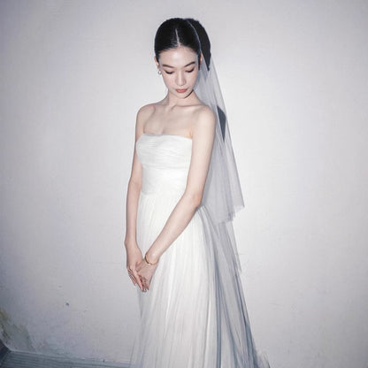 Plain Gathered Mesh A-Line Tube Wedding Gown