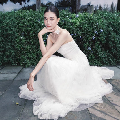 Plain Gathered Mesh A-Line Tube Wedding Gown
