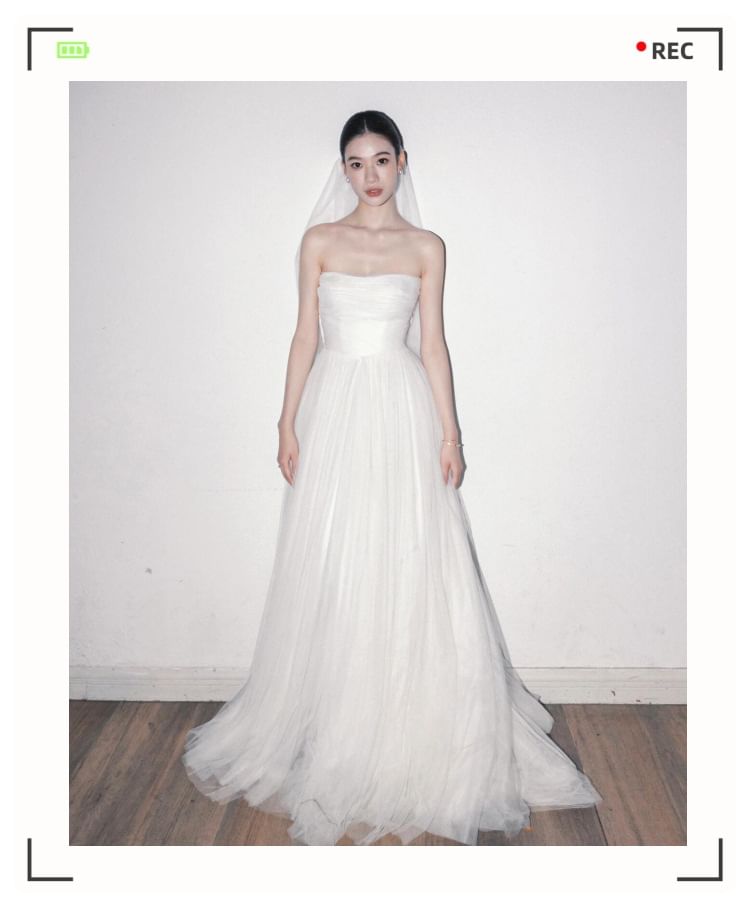 Plain Gathered Mesh A-Line Tube Wedding Gown