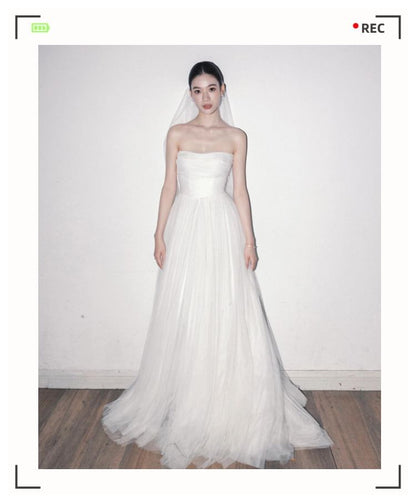 Plain Gathered Mesh A-Line Tube Wedding Gown