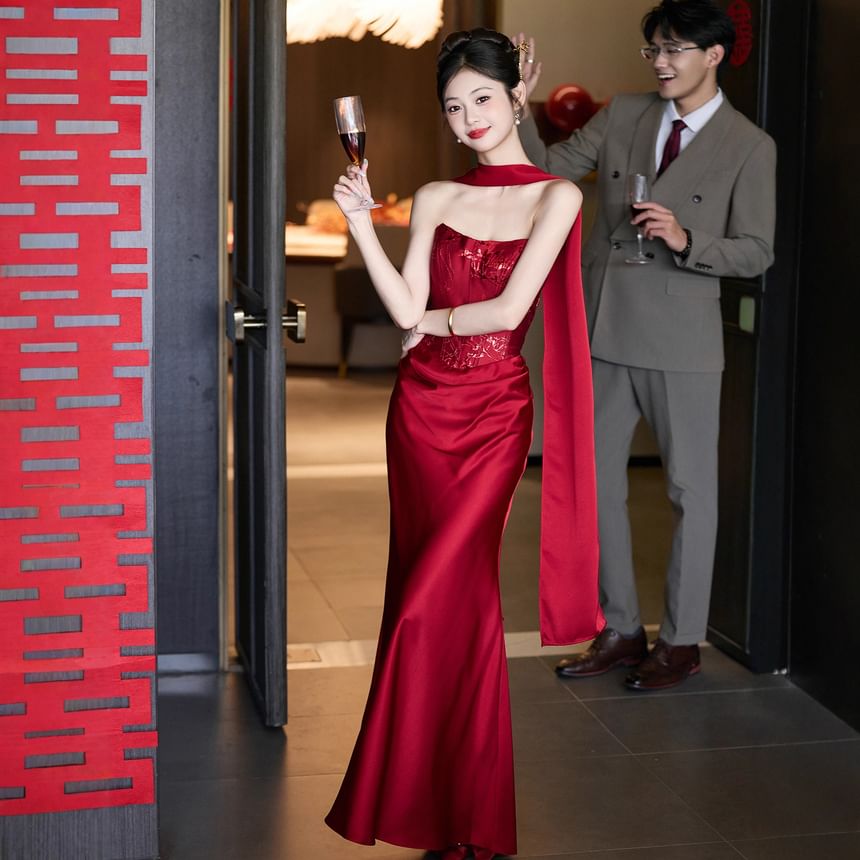 Floral Jacquard Panel Satin Trumpet Tube Evening Gown