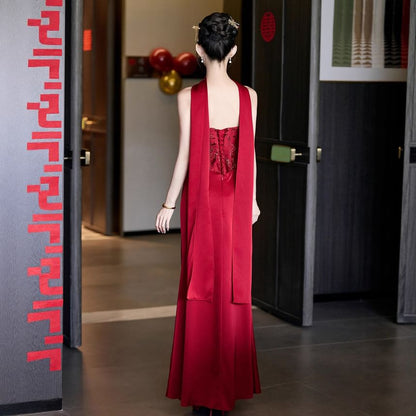 Floral Jacquard Panel Satin Trumpet Tube Evening Gown