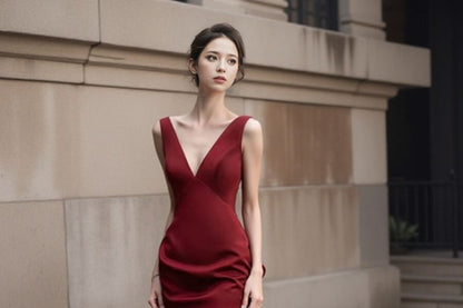Sleeveless V-Neck Plain Bow Backless Trumpet Evening Gown