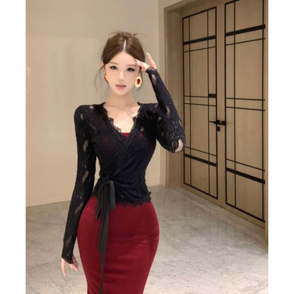 Set: Spaghetti Strap Scoop Neck Plain Maxi Mermaid Dress + V-Neck Lace Wrap Crop Light Jacket