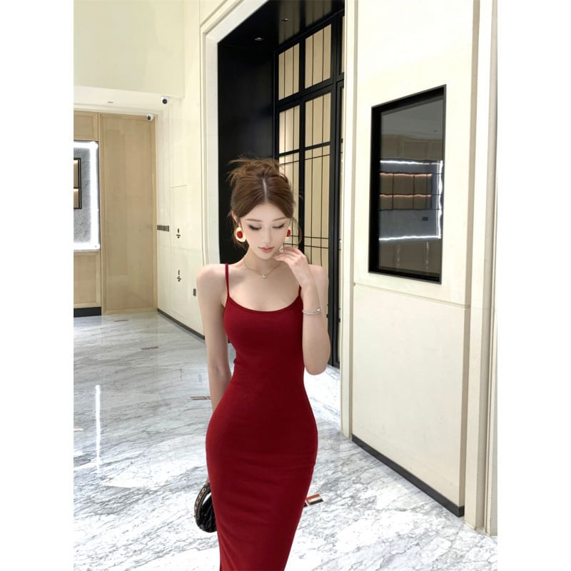 Set: Spaghetti Strap Scoop Neck Plain Maxi Mermaid Dress + V-Neck Lace Wrap Crop Light Jacket