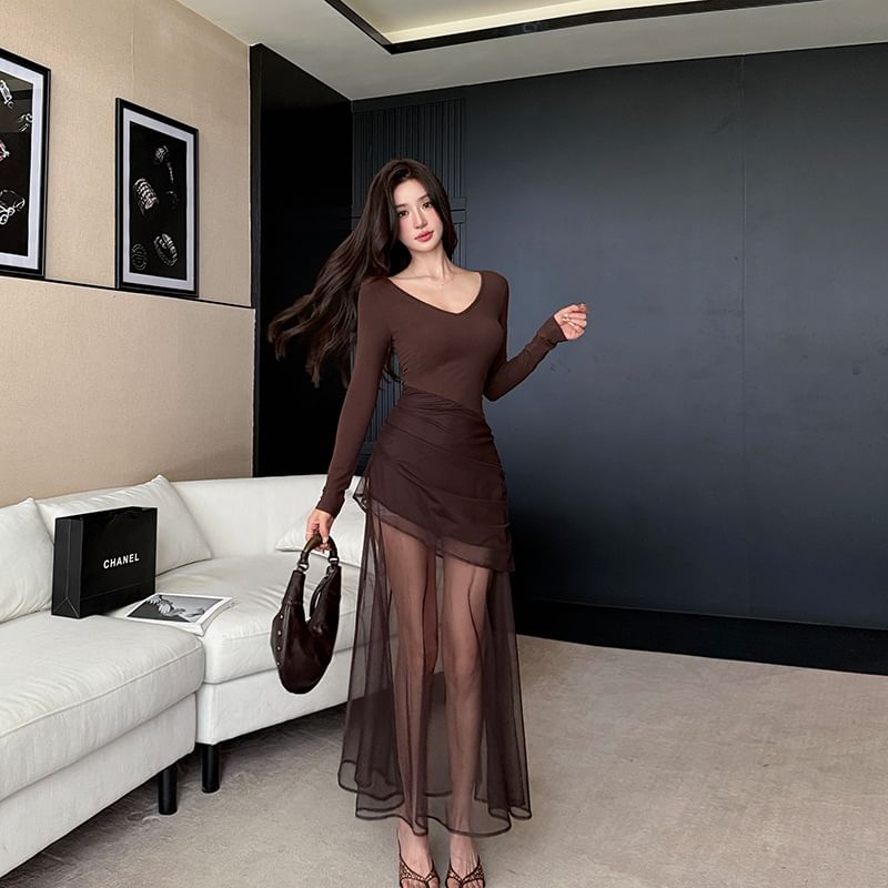 Long-Sleeve V-Neck Asymmetrical Sheer Panel Ruched Maxi A-Line Dress