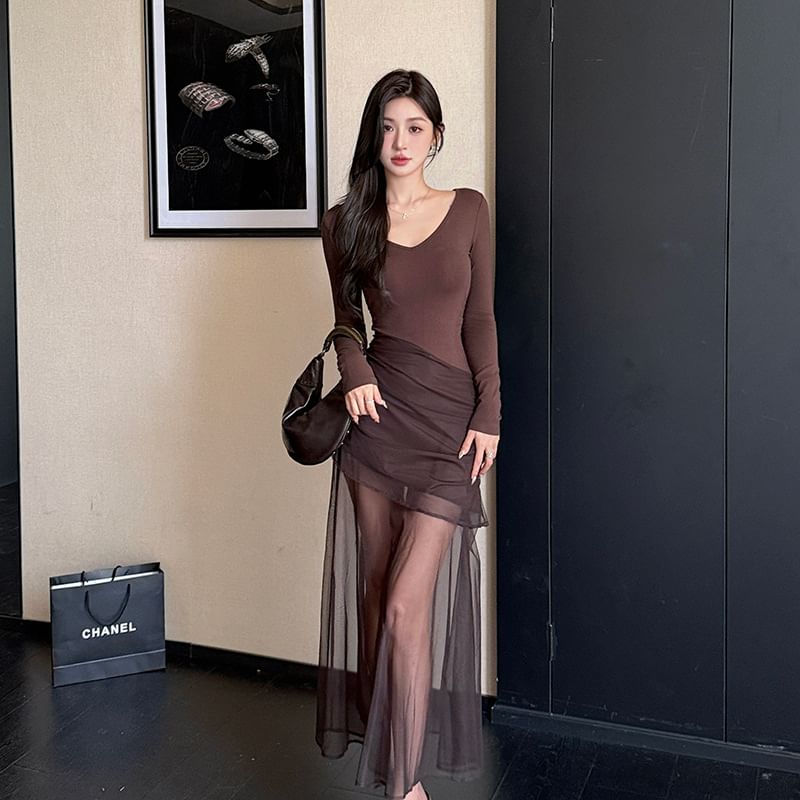 Long-Sleeve V-Neck Asymmetrical Sheer Panel Ruched Maxi A-Line Dress