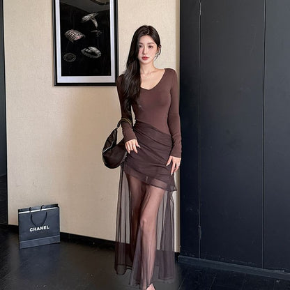 Long-Sleeve V-Neck Asymmetrical Sheer Panel Ruched Maxi A-Line Dress