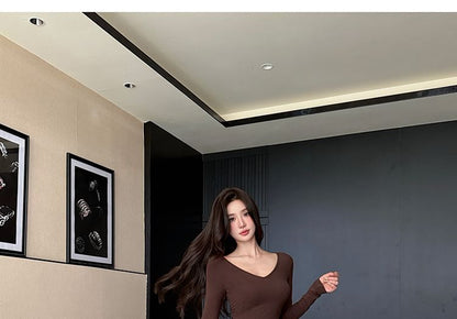 Long-Sleeve V-Neck Asymmetrical Sheer Panel Ruched Maxi A-Line Dress